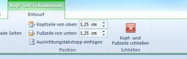 eingeblendete Kopf- und Fußzeilentools in Word