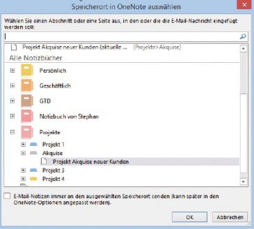 Bild 5: Wenn Sie ein Element zu OneNote senden, fragt Outlook nach, wo das Element abgelegt werden soll