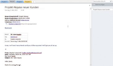 Bild 6: Eine Projektseite in OneNote mit Besprechungsnotiz und Verknüpfung zu einer E-Mail