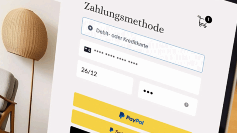 Nahaufnahme eines Laptoptop-Screens. Auf dem Bildschirm ist eine Übersicht von Zahlungsmethoden zu sehen, darunter PayPal, Apple Pay und Google Pay.